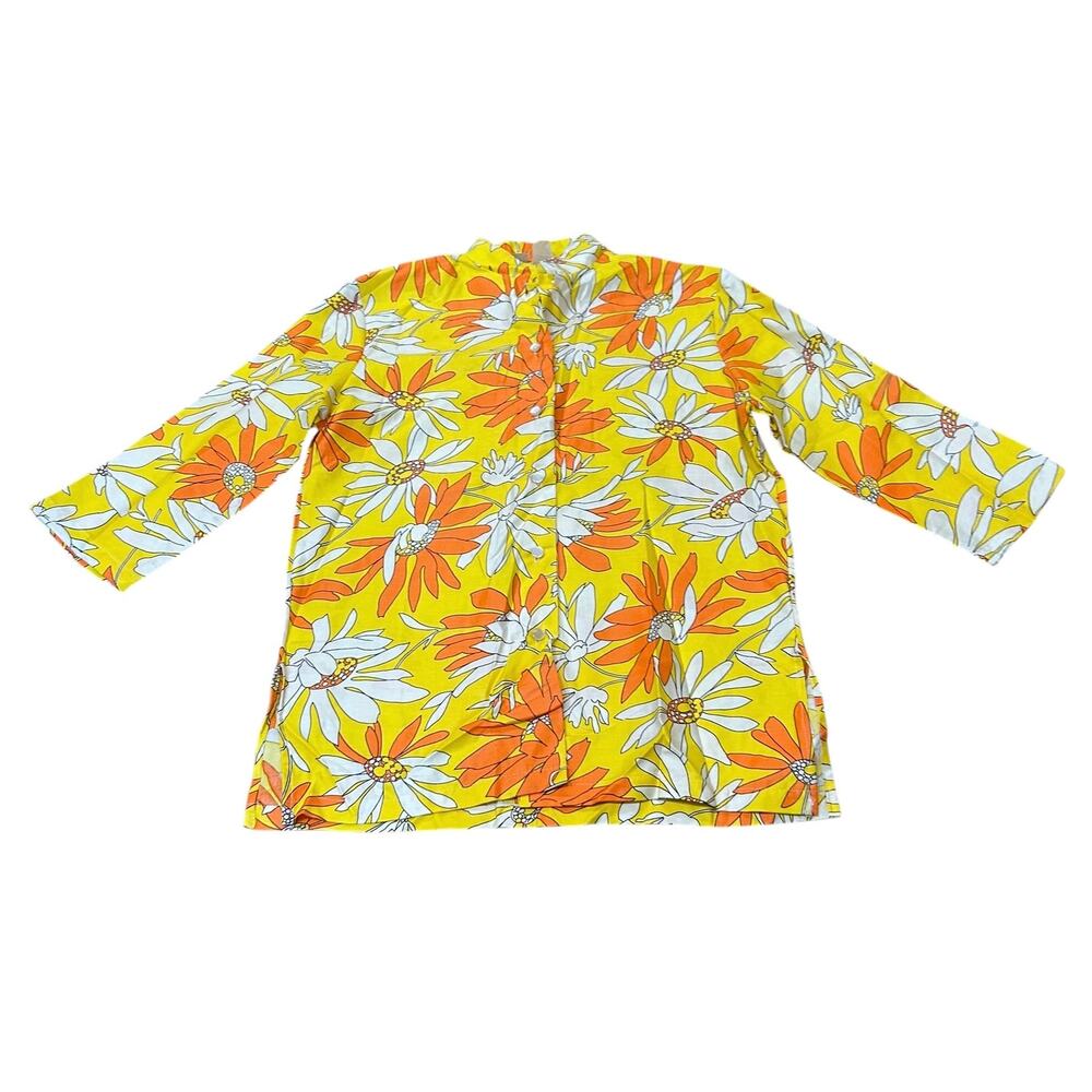Vintage 60s Mod Daisy Floral Top Yellow Orange Cotton Button Blouse Medium -